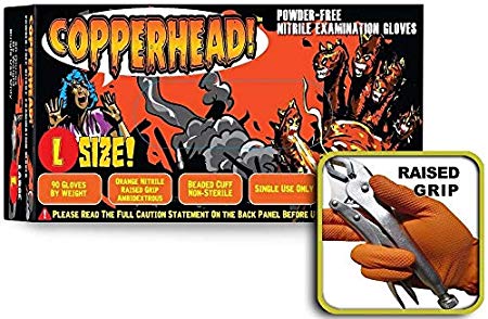 Copperhead 8 Mil Heavy Duty Powder Free Orange Nitrile Gloves w/Tactical Grip, (Large (Case of 900))