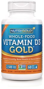 NutriGold NEW!! WHOLE-FOOD Vitamin D3 Gold (100% Vegan) 2,500 IU (60 veg. liquid capsules + Complimentary Vitamin E Moisturizing Lip Balm