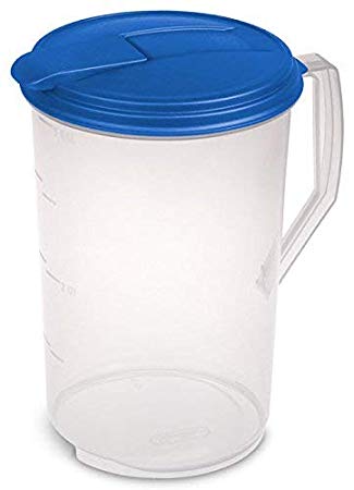 Heavy Duty Round Plastic Pitcher, Blue Lid & Tab with See Through Base, Leak Proof Spill Proof Lid Spout, BPA-free (1 Gallon)