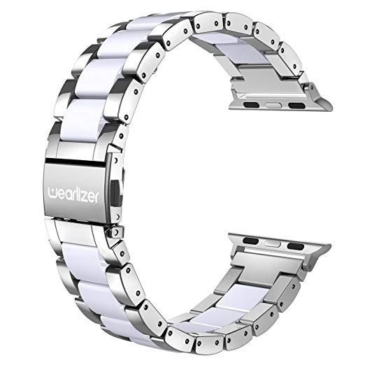 Wearlizer Compatible with Apple Watch Band 42mm 44mm Fashion Womens Mens for iWatch Silver Stainless Steel Strap White Resin Wristband Replacement Bracelet Metal Buckle Series 5 4 3 2 1 Sport