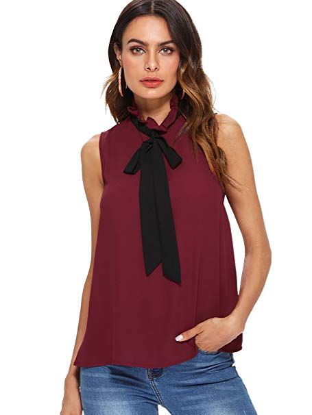 Romwe Women's Casual Cap Sleeve Bow Tie Blouse Top Shirts