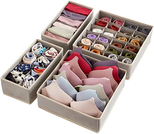 Lifewit Drawer Underwear Organizer Divider 4 Pieces Fabric Foldable Dresser Storage Basket Organizers and Storage Bins for Storing Bra, Lingerie, Undies, Light Grey