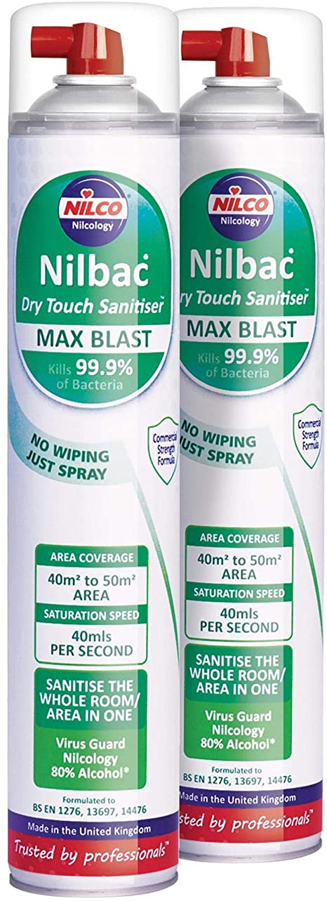 Nilco Set of 2 Nilbac Max Blast - Whole Room Sanitiser kills 99.9% of Bacteria Dry Touch 750ml Aerosol Spray Antibacterial Dry-Touch High Contact No Wiping - TWO PACK