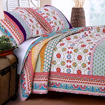 Retro Boho Quilt Set with Shams Print Geometric Floral Pattern Mandala Medallions Blue Red Yellow 100 Cotton Reversible 3 Piece Bedding Single Twin Size - Includes Bed Sheet Straps