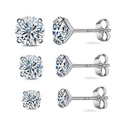 Sterling silver stud earrings set 3 pairs 18K gold plated silver simulated diamond CZ stud earrings for women hypoallergenic