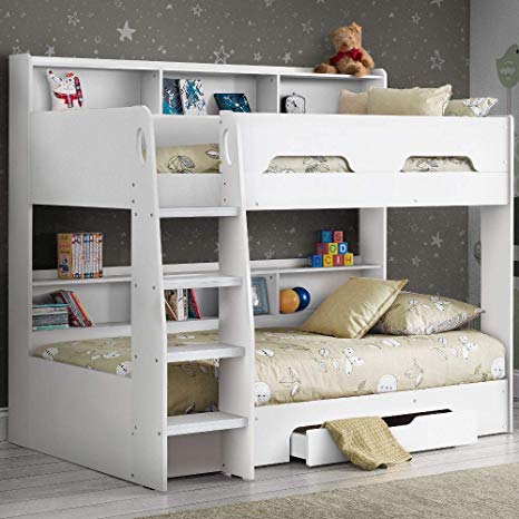 Happy Beds Wooden Bunk Bed with Underbed Storage Drawer, Orion White Wood Modern Twin Sleeper - 3ft Single (90 x 190 cm) Frame Only