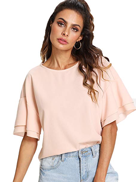 Romwe Women's Casual Drop Shoulder Layered Short Sleeve Blouse Top Shirt