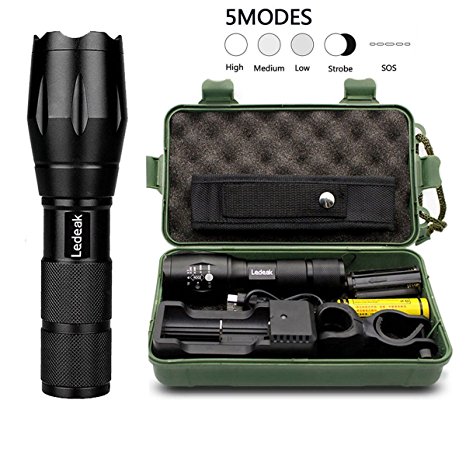 T6 Upgrade L2 LED Flashlight,Ledeak CREE 1200 Lumens LED Torch,5 Modes Zoomable Waterproof Tactical Flashlight with USB Charger,18650 Rechargeable Battery,Cycling Handlebar Mount, Flashlight Holster