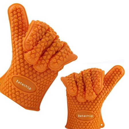 Datechip 1Pair Silicone Heat Resistant Gloves Grilling BBQ Gloves Oven Mitts for Cooking Baking Smoking Potholder 2 colors (Orange)