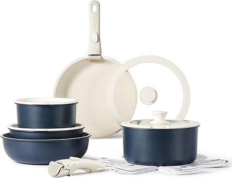 CAROTE 15pcs Pots and Pans Set, Nonstick Cookware Set Detachable Handle, Induction Kitchen Cookware Sets Non Stick with Removable Handle, RV Cookware Set, Oven Safe, Dark Blue