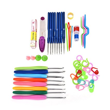 Buytra 57 Pieces 16 Sizes Stainless Steel Ergonomic Grip Crochet Hooks Yarn Knitting Needles Set with Thimble,Sewing Tape Measure,Crochet Stitch Markers,Sewing scissor,Row Counter,Point Protectors