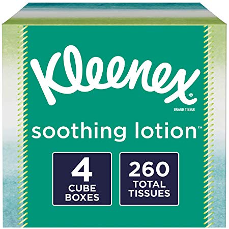 Kleenex Soothing Lotion Facial Tissues with Aloe & Vitamin E, Cube Box, 65 Tissues per Cube Box, 4 Pack (260 Tissues Total)