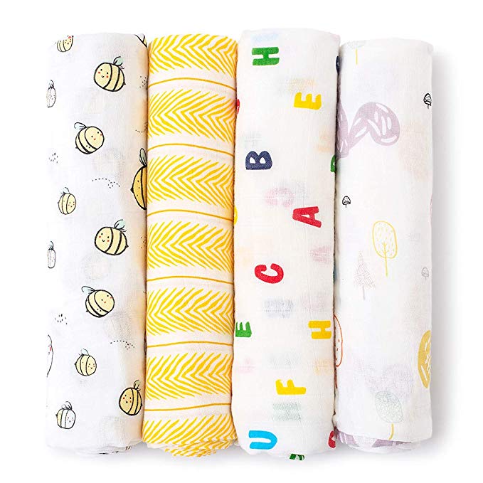Mamimore Baby Swaddle Blankets Unisex Muslin Swaddle Blankets Soft Silky Bamboo Neutral Receiving Swaddle Wrap for Boys and Girls Newborn to Toddler 47x47 Inch 4 Pack (Yellow)