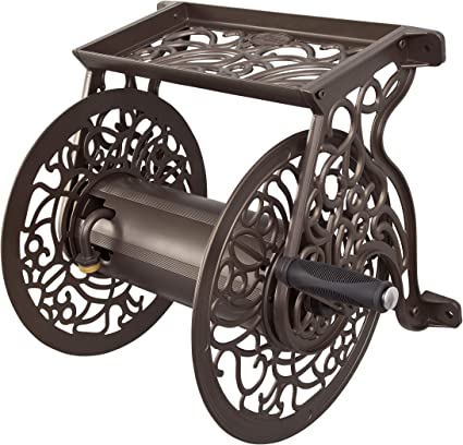 Liberty Garden Products Decorative Non-Rust Cast Aluminum Wall Mounted Garden Hose Reel with 125-Foot Capacity-Antique Finish 704
