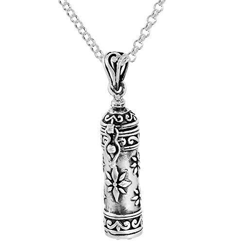 Sterling Silver Prayer Box Necklace Tubular Shape Floral Design, 1.25 inch with 2mm Rolo Chain