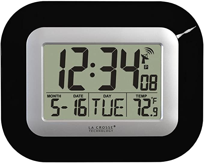 La Crosse Technology, Black WT-8005U-B Atomic Digital Wall Clock with Indoor Temperature, 9 by 1 by 7.2 Inch