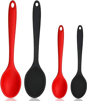 4 Pack Silicone Mixing Spoons Set Nonstick Kitchen Spoons Cooking Baking Spoons for Kitchen Cooking Stirring, Large and Small (Red, Black)