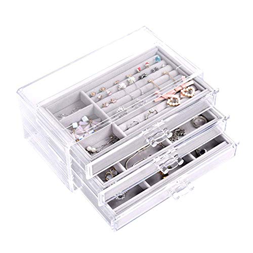 OIF Acrylic Jewelry Box 3 Layers Organizer Case Earring Rings Necklace Bracelet Display Valentine’s Gift Women Ladies Girls Luxury Suede Compartments(Jewelry Box 3 Layers)