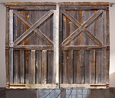 Ambesonne Rustic Curtains, Old Wooden Barn Door of Farmhouse Oak Countryside Village Board Rural Life Photo Print, Living Room Bedroom Window Drapes 2 Panel Set, 108" X 63", Brown Umber