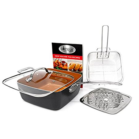 Gotham Steel Ti-Cerama 9.5" Deep Square Pan With Lid, Frying Basket, Steamer Tray and Recipe Book - 5 Piece Set