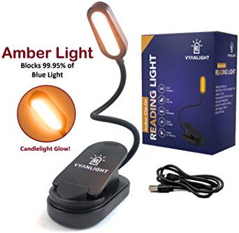 Book Light for Reading in Bed, Amber Clip On Reading Light, 99.95% Blue Light Blocking, Rechargeable 1600K Warm LEDs with Adjustable Brightness for Strain Free Reading, Works with Kindles