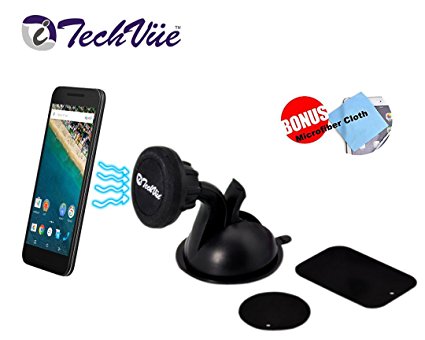 *Lifetime Warranty* Magnetic Car Mount Universal Car Mobile Phone Holder with Suction Cup, iTechVüe® 360 Degree Rotating Magnetic Universal Phone Holder for Mighty Suction Gel Super Strong Suction Cup - Use for Samsung Galaxy S7 S6 Plus Edge S5 S4 S3, Note 4 3 2, iPhone 6 & iPhone 6 Plus iPhone SE 6 plus 5S 5C 4S, Nexus 6 5, HTC One & Many More   BONUS MICROFIBER CLEANING CLOTH