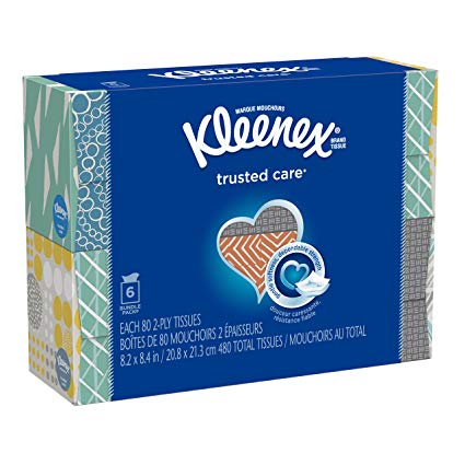 Kleenex Trusted Care Everyday Facial Tissues, Cube Box, 80 Tissues per Cube Box, 6 Packs