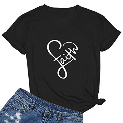 MIMOORN Womens V Neck Faith Print Summer Casual T-Shirt Short Sleeve Tees Tops