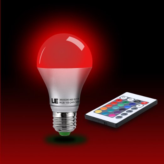 LE Remote Controlled Color Changing A19 5W LED Light Bulb, 16 Color Choice, E26 Medium Screw Base