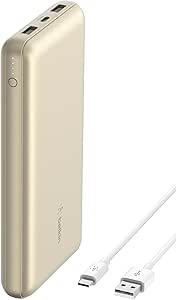 Belkin Power Bank, BoostCharge USB-C Portable Charger 20k w/ 1 USB-C Port and 2 USB-A Ports with USB-C to USB-A Cable for iPhone 15, 15 Plus, 15 Pro, 15 Pro Max, Samsung Galaxy S24, & More - Gold