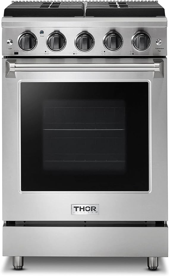 Thor Kitchen 24" Freestanding Gas Range with 4 Burners Cooktop, 3.7 cu. ft. Oven Capacity & Continuous Cast Iron Grates, Pro-Style Gas Range in Stainless Steel, LRG2401U