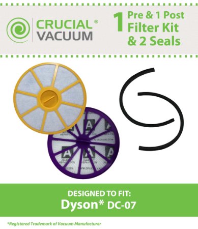 Dyson DC07 Pre & Post Filter Set Plus Seals Designed To Fit Dyson DC07 Upright Vacuums, Compare Part # 901420-02, 904979-02, Designed & Engineered by Crucial Vacuum