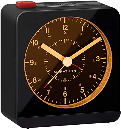 Marathon Silent Non-Ticking Alarm Clock with Warm Amber Auto Back Light and Repeating Snooze - Batteries Included - CL030053BK (Black/Black)