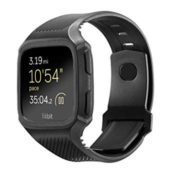 Shangpule Fitbit Versa Bands, Silicone Versa Rugged Wristband with Protective Case Frame, Anti-Impact Replacement Bands Quick Release Watch Bands Strap for Fitbit Versa (Black)