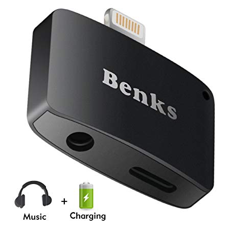 Benks Compatible with Splitter Charger Adapter [2-in-1] for Apple Lightning and 3.5mm Earphone Jack Ports [Support iOS 11] for iPhone X 10 8 7 Plus