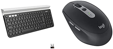 Logitech K780 Multi-Device Wireless Keyboard - Dark Grey/White & M590 Silent Wireless Mouse, Multi-Device, Bluetooth Or 2.4GHz Wireless Mouse - Black Graphite