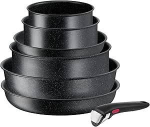 Tefal Ingenio Kochgeschirr-Set, 7-teilig, Induktion, Antihaftbeschichtung, stapelbar, platzsparend, Temperaturanzeige, gesundes Kochen, Made in France, Black Stone L3998702