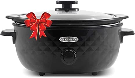 Elite Gourmet MST-1234B## 6 Quart Diamond Pattern Slow Cooker, Removable, Dishwasher-Safe Stoneware Pot with Tempered Glass Lid, Cool-Touch Handles, 6 Quart, Black