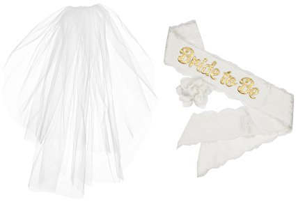 Bachelorette "Bride to Be" 2 Tier Plain Edge Veil & White Satin & Lace Sash With Gold Lettering for Hen & Bridal Shower Party