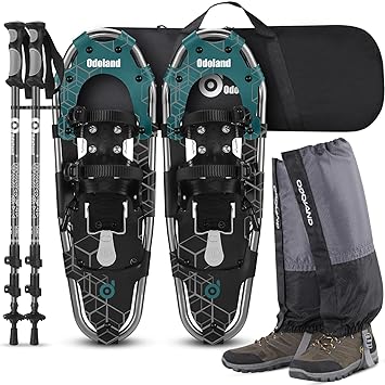 Odoland 4-in-1 Snowshoes for Men Women Youth Kids with Trekking Poles, Waterproof Snow Leg Gaiters and Carrying Tote Bag, Lightweight Snow Shoes Easy to Wear Aluminum Alloy, Size 21''/25''/30''