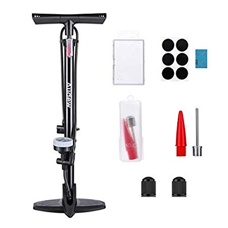 Audew Floor Bike Pump with Gauge - Steel Manufacturing Ergonomic Household Bicycle Tire Pump - 230Psi Reversible Presta and Schrader Dual Valves – Including Puncture Repair Tools and Inflating Kit