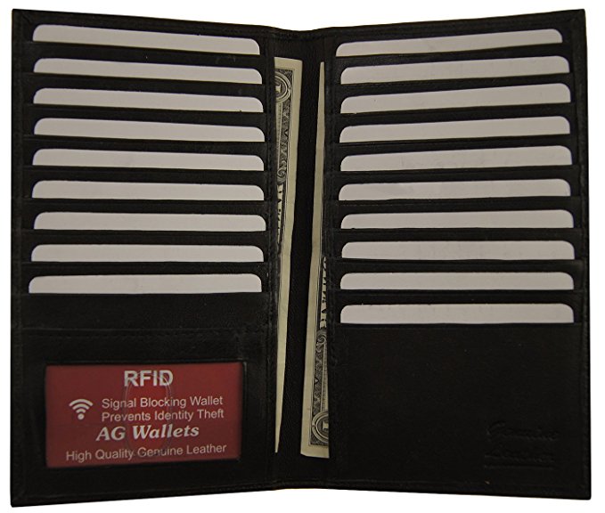 AG Wallets Genuine Leather Men's RFID Long Id 19 Credit Card Security Wallet Black