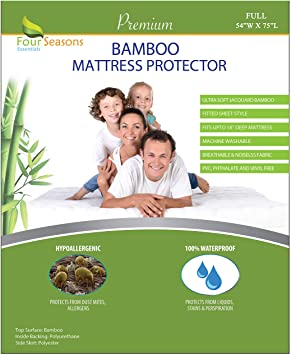 Four Seasons Essentials Full Size Bamboo Mattress Protector - Waterproof Fitted Sheet Mattress Cover Hypoallergenic Premium Quality Soft Pad Protects from Dust Mites Allergens