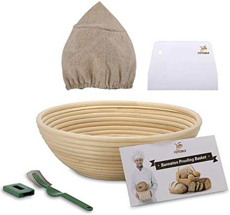 10 Inch Bread Proofing Basket - Banneton Proofing Basket   Cloth Liner   Dough Scraper   Bread Lame   Starter Recipe Set - Sourdough Basket Set for Professional and Home Bakers Artisan Bread Making