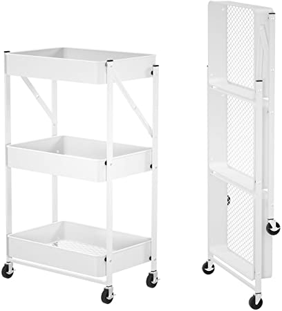 Jayol 3 Tier Rolling Utility Cart - 100% Metal Folding Mobile Storage Organizer - No Tools Needed - Locking Insertable Casters/Wheels with Hook (White)