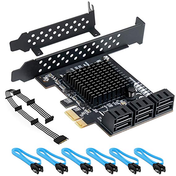 QNINE PCIe SATA Card 6 Port with 6 SATA Cables and a SATA Power Splitter Cable, 6 Gb/s PCIe SATA Controller Expression Card with Low Profile Bracket, Boot as System Disk, Support 6 SATA 3.0 Devices