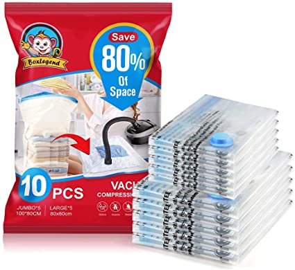 BoxLegend Space Saver Bags, 10-Pack (5 Jumbo, 5 Large) Vacuum Storage Bags for Comforters Blankets Clothes Pillows Travel Vacuum Compression Bags.