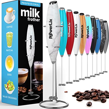 PowerLix Milk Frother Handheld Battery Operated Electric Whisk Foam Maker for Coffee, Latte, Cappuccino, Hot Chocolate, Durable Mini Drink Mixer with Stainless Steel Stand Included (WM)