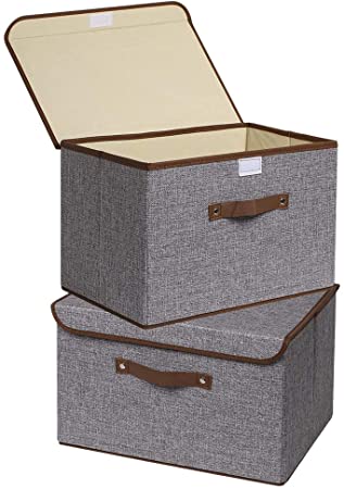 UUJOLY Storage Bins, Foldable Storage Box Cube with Lids and Handles Fabric Storage Basket Bin Organizer Collapsible Drawers Containers for Nursery, Closet, Bedroom, Home (Grey-2pcs)