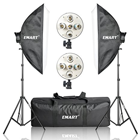Emart 2250W Photography Five Light Head Softbox Continuous Lighting Studio Portrait Kit include 10 x CFL 45W Bulbs, 2 x Light Stand and Carry Bag